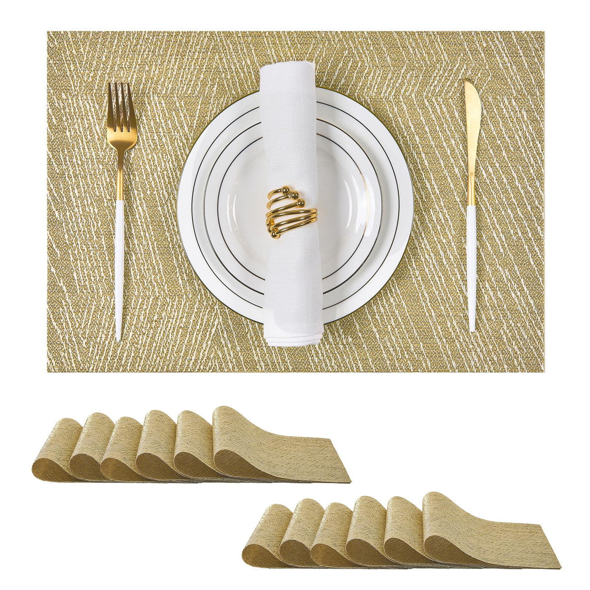 Beige Placemats Set of 6 - Heat-Resistant, Non-Slip Table Mats, Washable Woven Vinyl for Indoor & Outdoor Dining