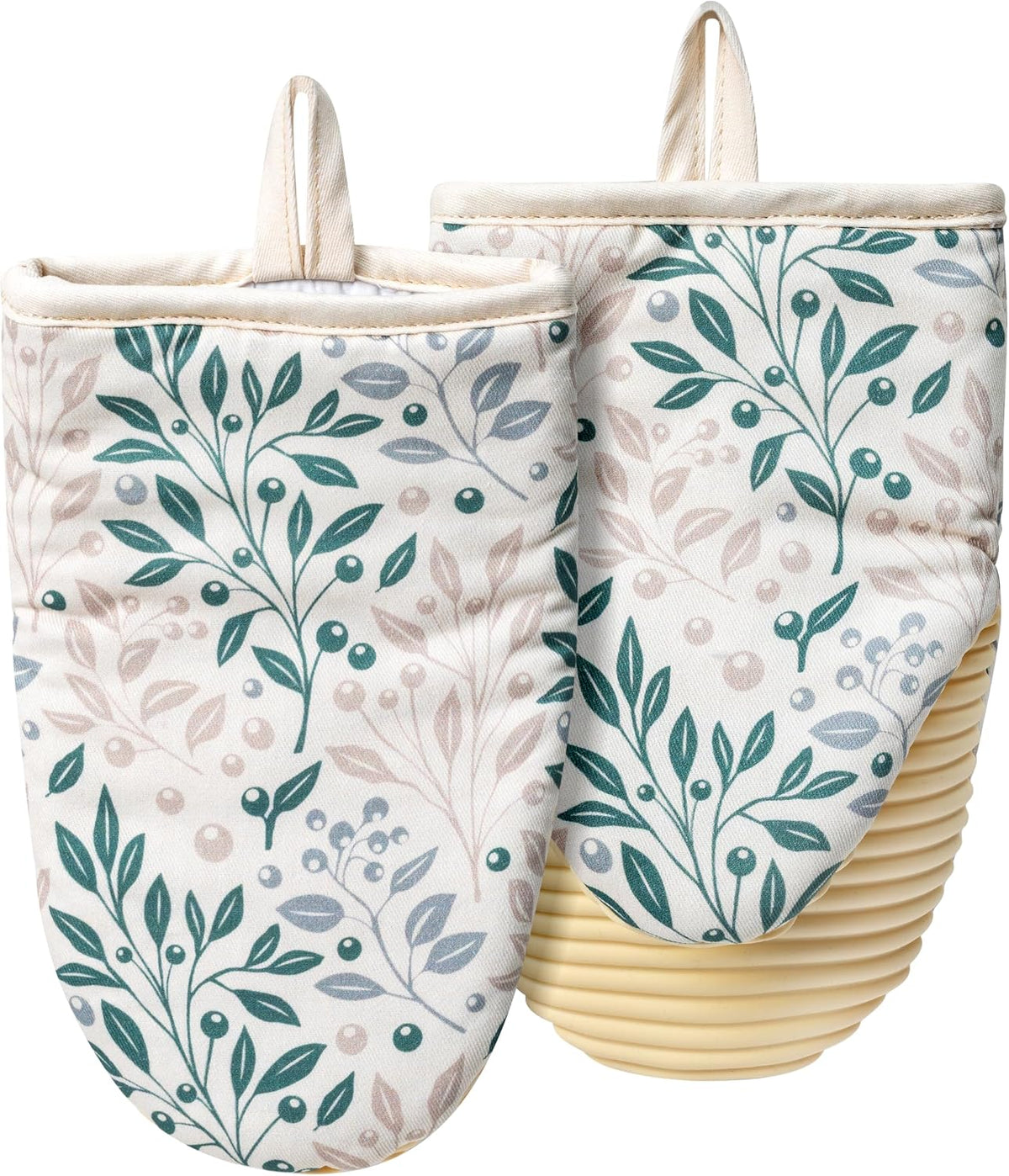 Mini Oven Mitts Set - 5.5” x 8.6” Small Heat Resistant Kitchen Mitt with Non-Slip Silicone Grips Palm, Soft Filling Washable Gloves with Hanging Loop for Home Cooking Baking Picnic (Leaf)