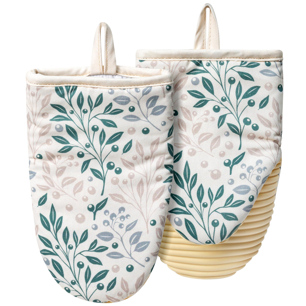 Mini Oven Mitts Set - 5.5” x 8.6” Small Heat Resistant Kitchen Mitt with Non-Slip Silicone Grips Palm, Soft Filling Washable Gloves with Hanging Loop for Home Cooking Baking Picnic (Leaf)