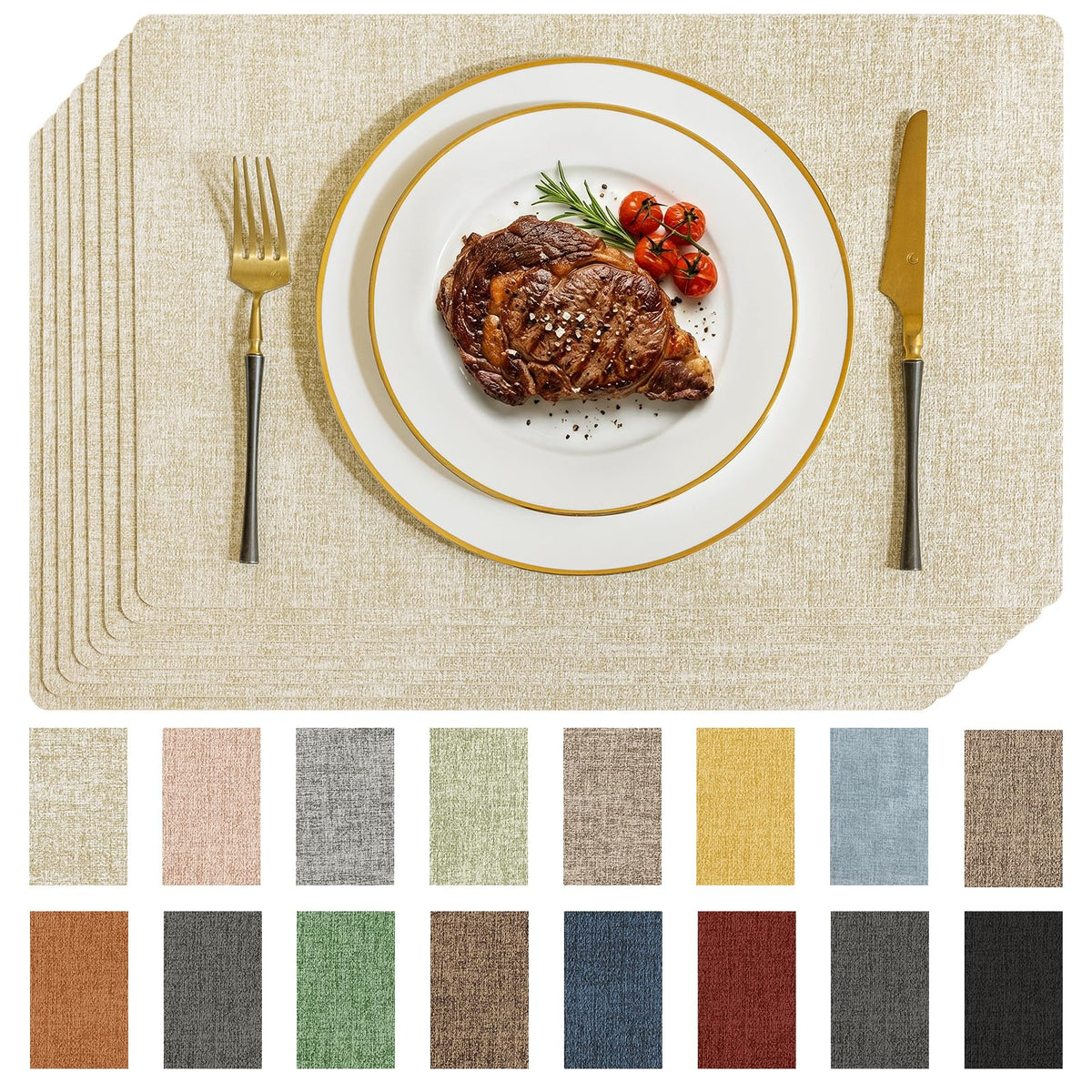 Romanstile Faux Leather Vinyl Placemats Set of 6, Beige
