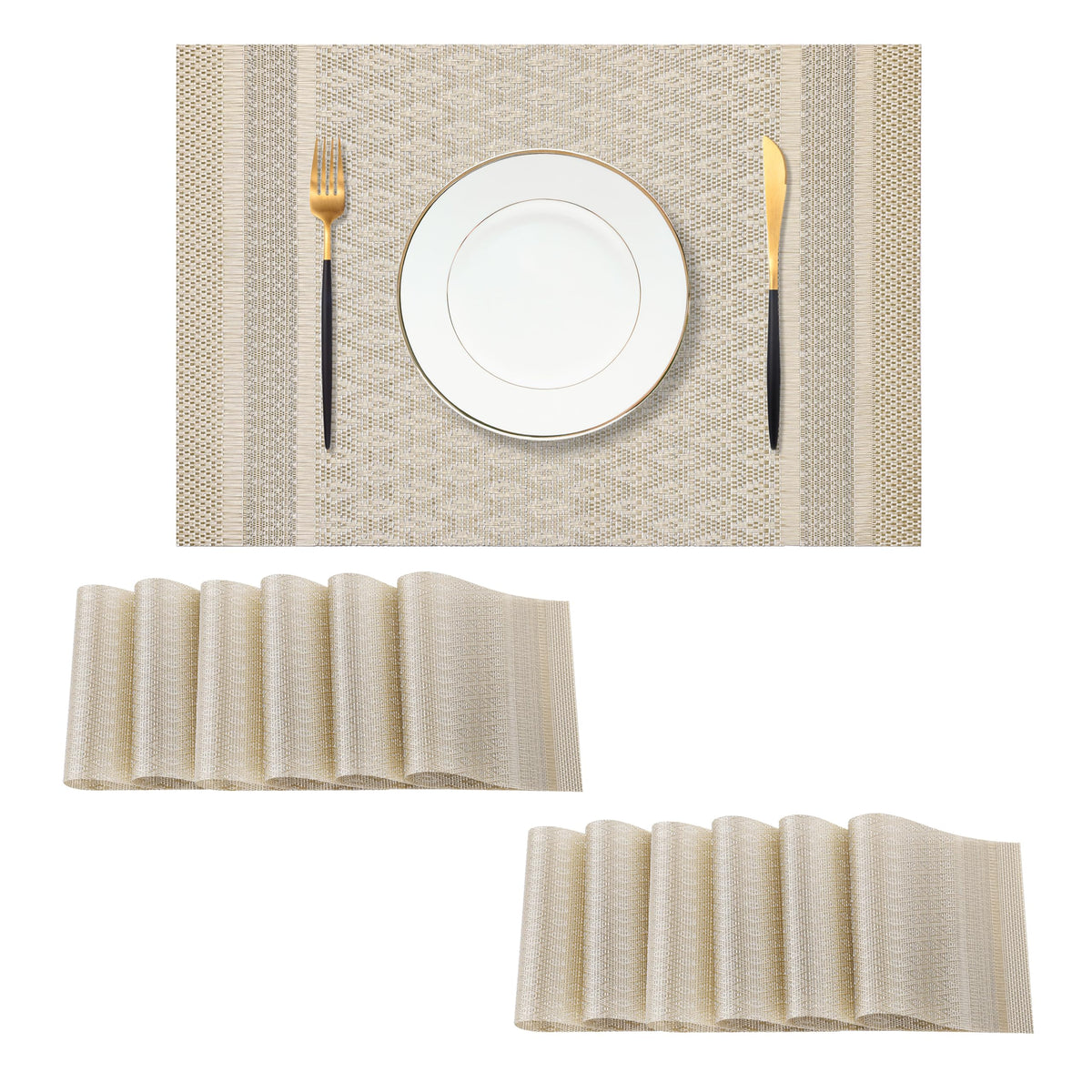 Beige Placemats Set of 6 - Heat-Resistant, Non-Slip Table Mats, Washable Woven Vinyl for Indoor & Outdoor Dining