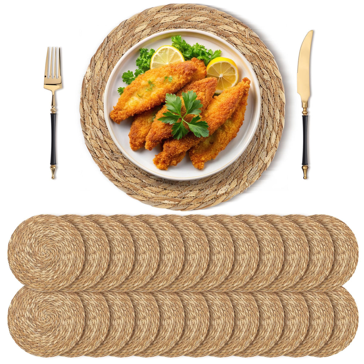 Kochorie Set of 6 Round Woven Placemats - 12 Inch Natural Boho Rattan Wicker Table Mats for Home Dining Table