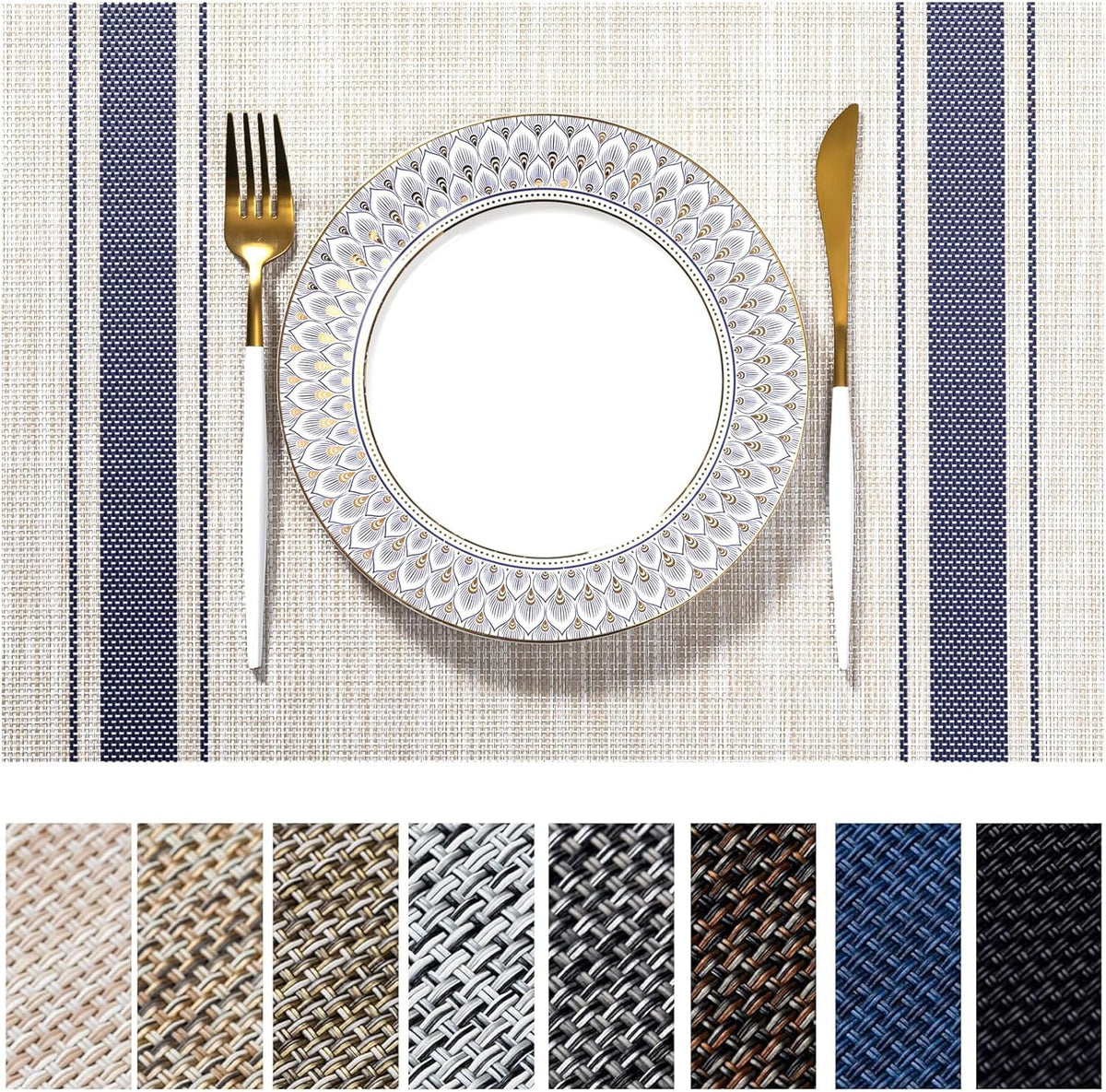 LEXMORE Placemats Set of 4 Vinyl/Plastic Woven Place Mats for Kitchen Table Indoor/Outdoor Washable Placemat Wipeable Dining Table Mats(Navy Blue)