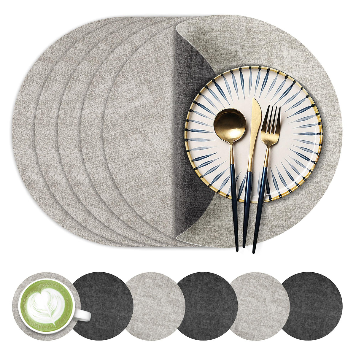 Fyvva Placemats Set of 4, 13" Round Reversible Faux Leather with Coasters