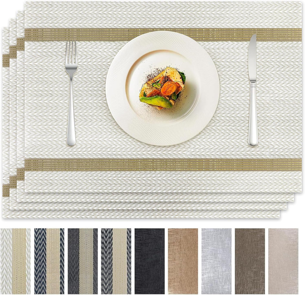 COOLMI Beige Placemats Set of 4, Washable Woven PVC Table Mats, Heat Resistant Non-Slip Place Mats for Dining Table, Flat Pack No Curled Edges, Indoor Outdoor, 17 x 12 Inch