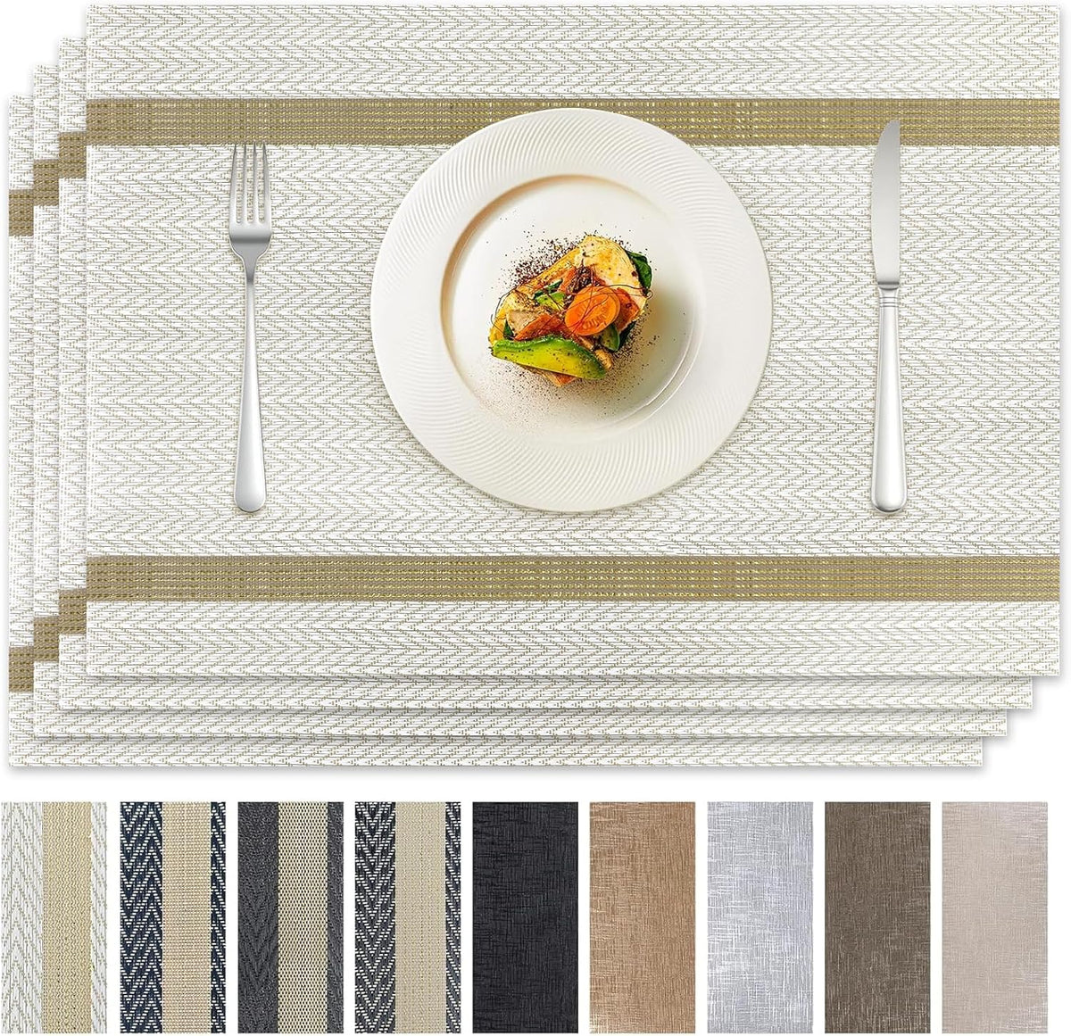 COOLMI Beige Placemats Set of 4, Washable Woven PVC Table Mats, Heat Resistant Non-Slip Place Mats for Dining Table, Flat Pack No Curled Edges, Indoor Outdoor, 17 x 12 Inch