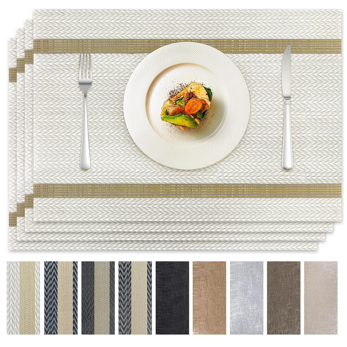 COOLMI Beige Placemats Set of 4, Washable Woven PVC Table Mats, Heat Resistant Non-Slip Place Mats for Dining Table, Flat Pack No Curled Edges, Indoor Outdoor, 17 x 12 Inch