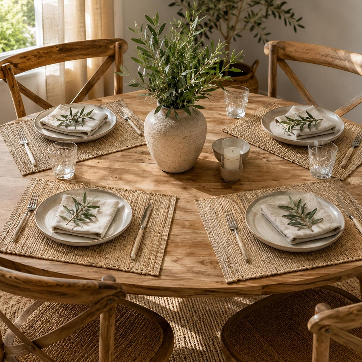 Chardin Home Eco-Friendly Natural Jute/Hemp Placemats 13''x''19, Set of 4 Natural/Beige Table Mats | Perfect for Holidays, Thanksgiving, Christmas, or Everyday Meals