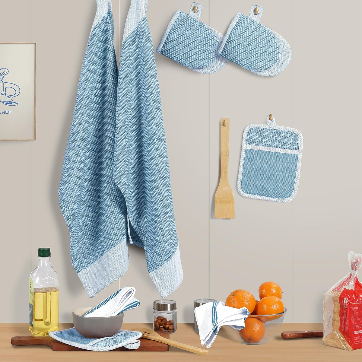 Casa Platino Silicone Oven Mitts Set, 8-Piece – 500°F Heat Resistant Mini Oven Mitt, Potholders for Kitchens, 2 Kitchen Towels & 2 Dish Cloths – Durable, Non-Slip & Machine Washable – Cornflower