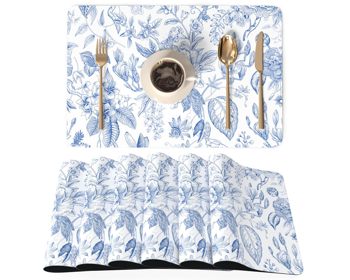 QIYI PU Leather Placemats Set of 6, 12"x18" Waterproof Table Mats, Dahlia
