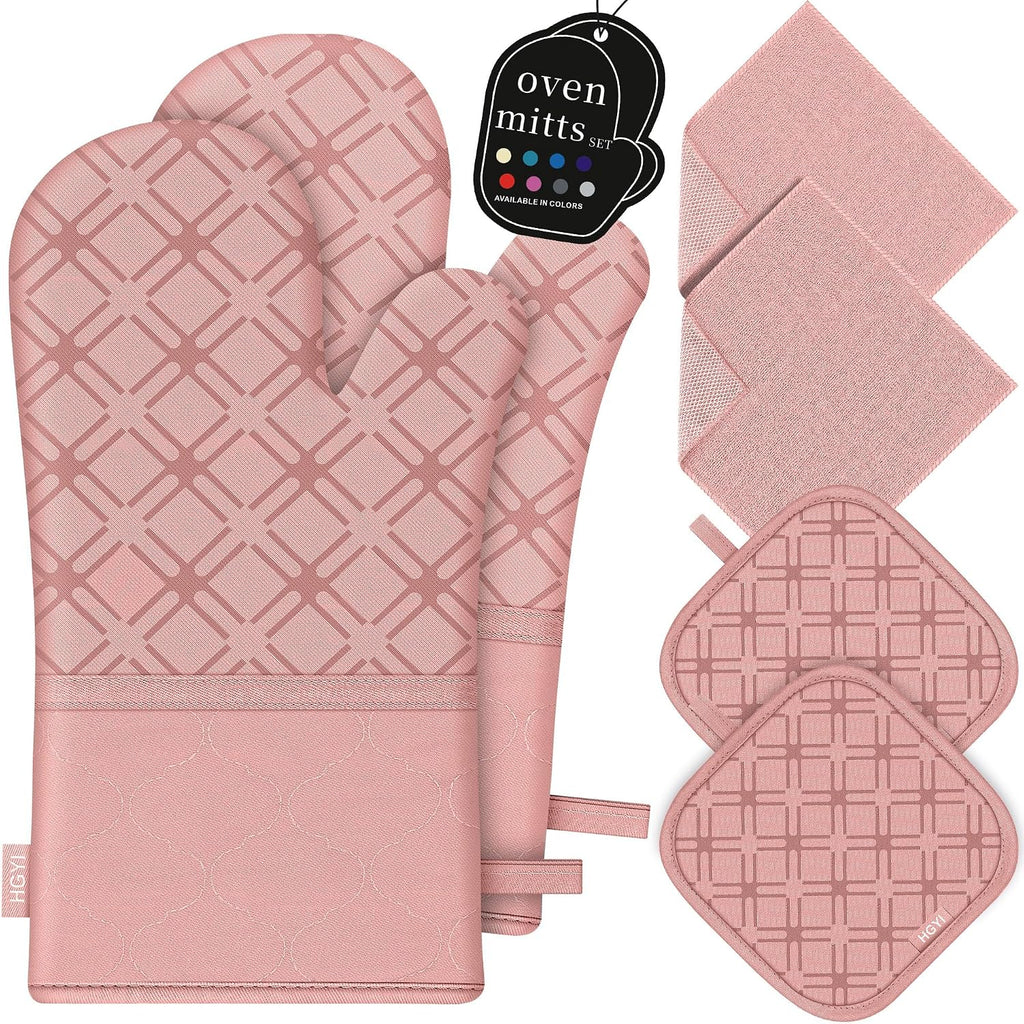 Oven Mitts and Pot Holders Set with Dishcloths, 500 Degree Heat Resistant Oven Gloves and Hot Pads, Premium Soft Cotton Kitchen Mittens and Dish Cloth Sets-Pink