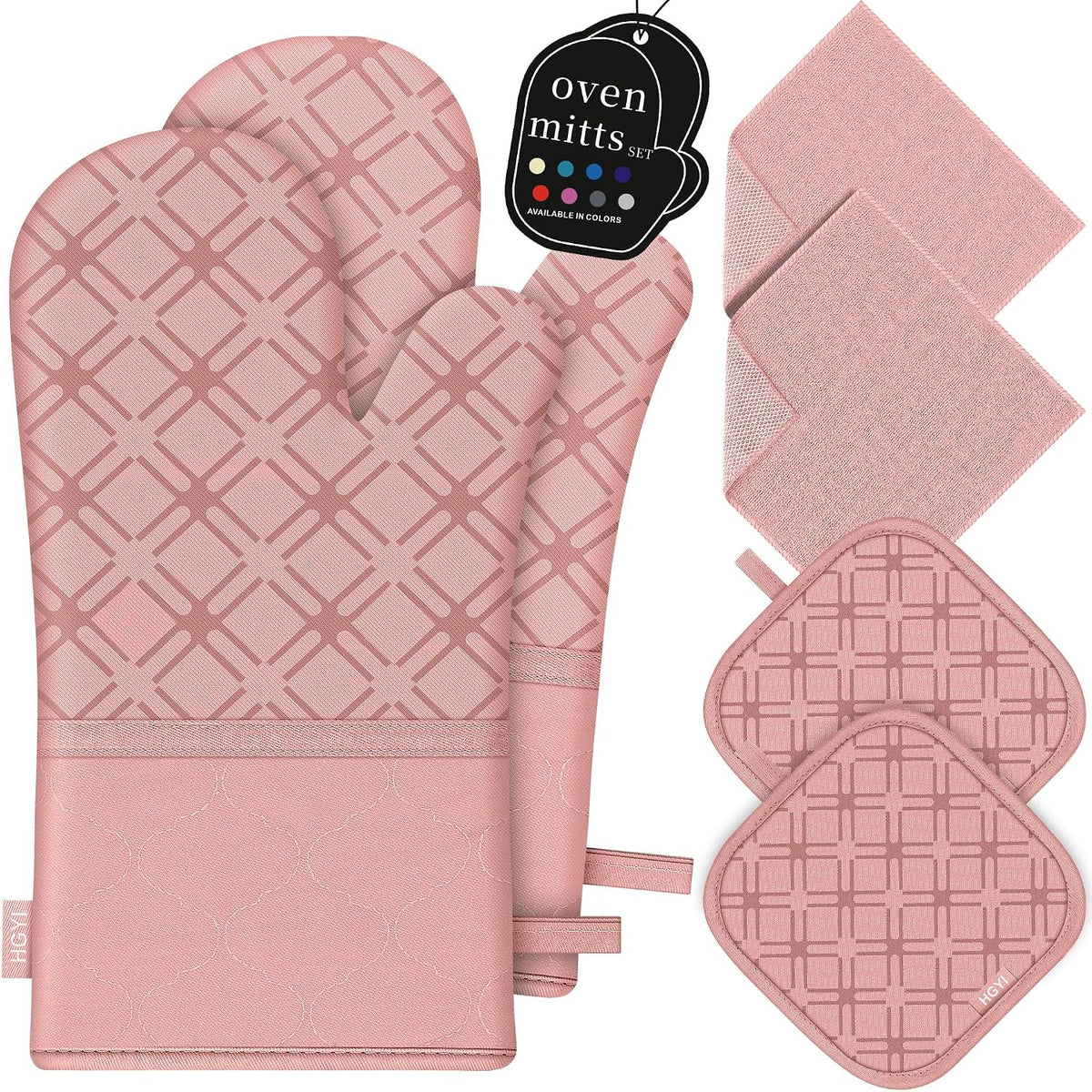 Oven Mitts and Pot Holders Set with Dishcloths, 500 Degree Heat Resistant Oven Gloves and Hot Pads, Premium Soft Cotton Kitchen Mittens and Dish Cloth Sets-Pink