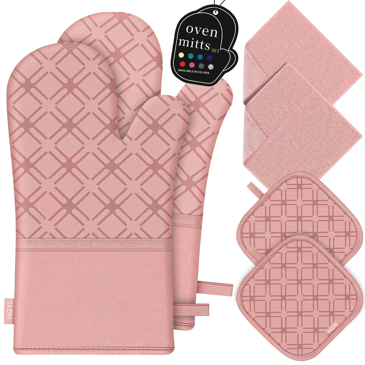 Oven Mitts and Pot Holders Set with Dishcloths, 500 Degree Heat Resistant Oven Gloves and Hot Pads, Premium Soft Cotton Kitchen Mittens and Dish Cloth Sets-Pink