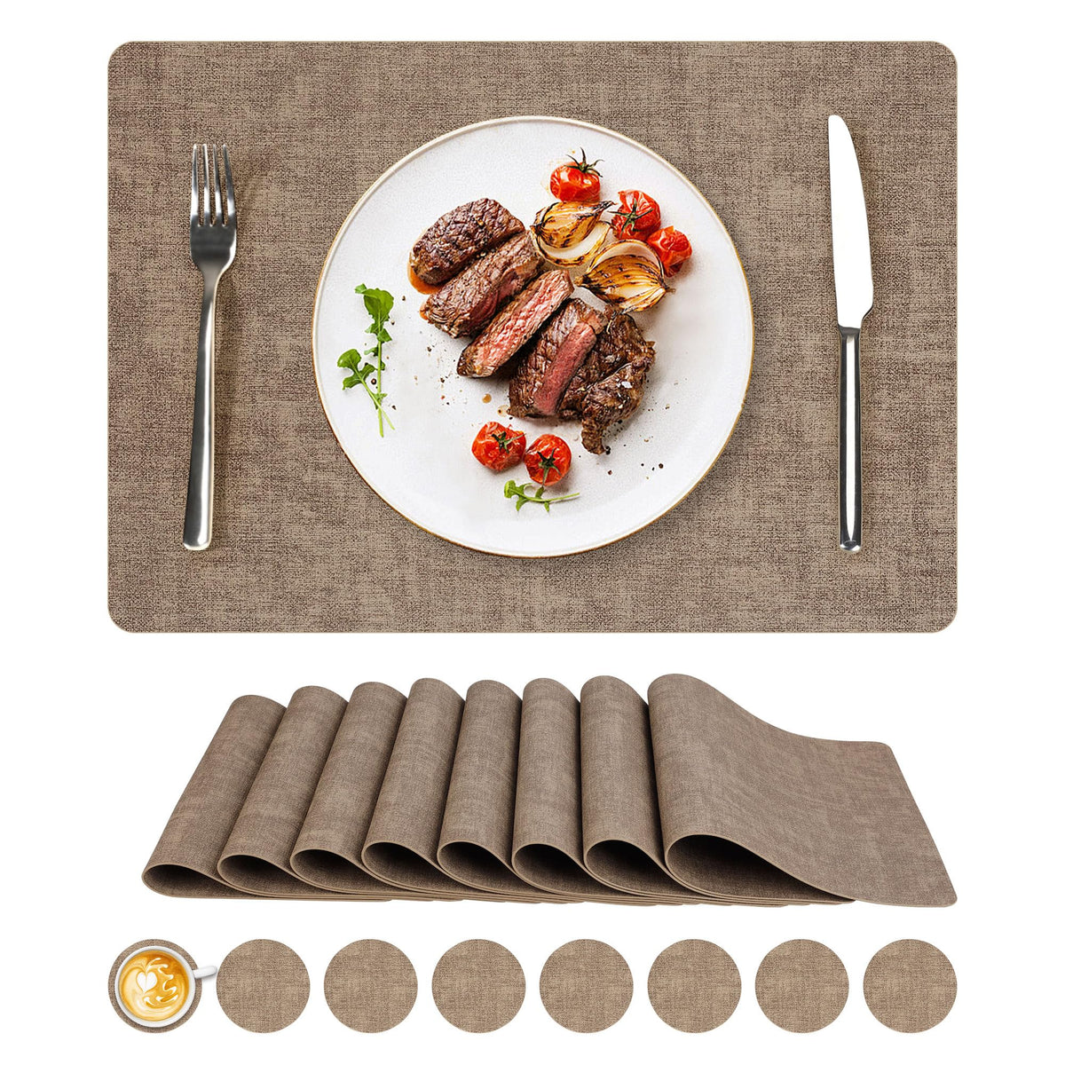 NCUE Vinyl Placemats Set of 6, 17"x12" Wipeable Place Mats with Coasters