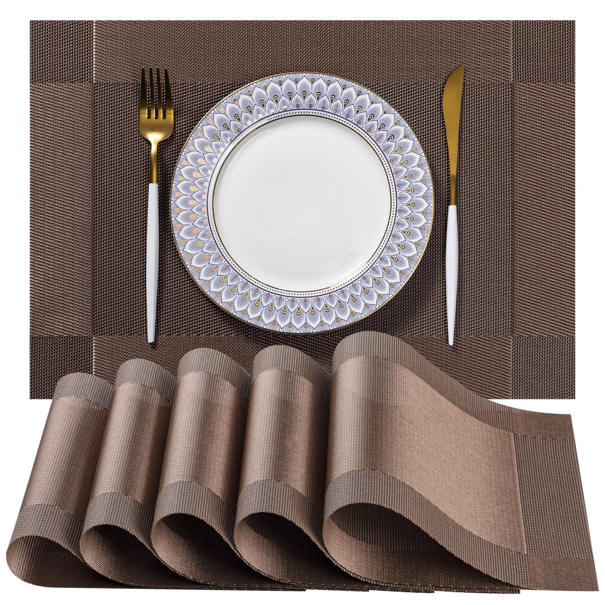 LEXMORE Placemats Set of 4 Vinyl/Plastic Woven Place Mats for Kitchen Table Indoor/Outdoor Washable Placemat Wipeable Dining Table Mats(Navy Blue)