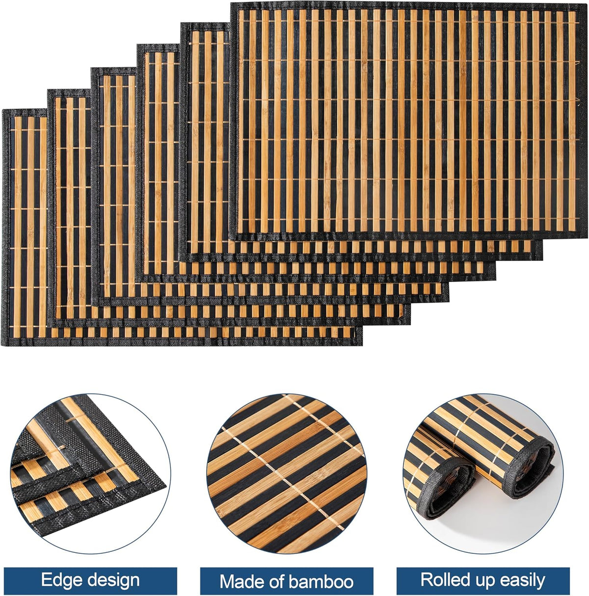 LOVECASA Placemats Set of 6, Bamboo Table Mats Set with Leaf Pattern, 18'' × 12'' Woven Placemat, Washable Heat-Resistant Place Mats for Kitchen, Black Leaf