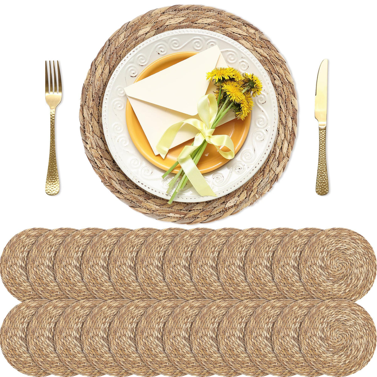 Kochorie Set of 6 Round Woven Placemats - 12 Inch Natural Boho Rattan Wicker Table Mats for Home Dining Table