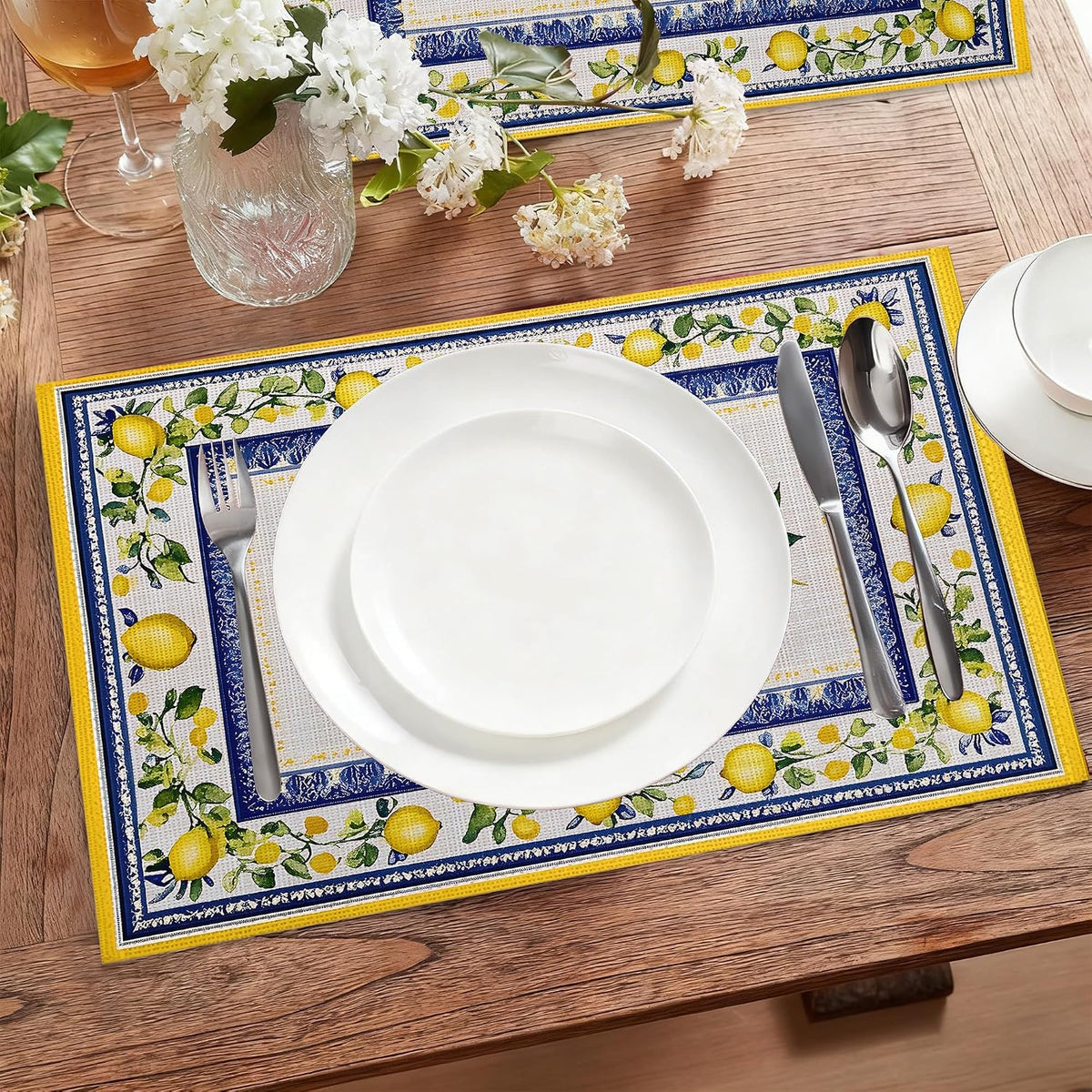 Lemon Branches Fabric Placemats,Vintage Rustic Country Table Placemats Set of 6 Cloth Place Mats, Washable Heat-Resistant Table Mats for Home Kitchen Dining Room Decoration 11.8x17.7 Inch