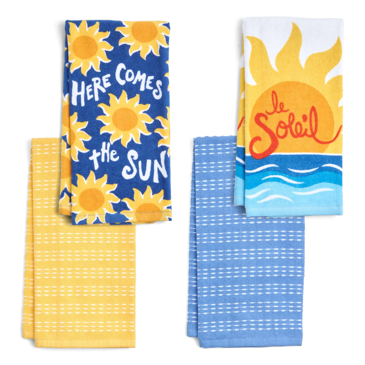 Ritz 4-Piece Kitchen Towel Set, Tomato & Olive Prints with Pine Green & Blue Textured Terry, 100% Cotton & Absorbent Blend, 16" x 26", Vintage Mediterranean Foodie Kitchen Decor