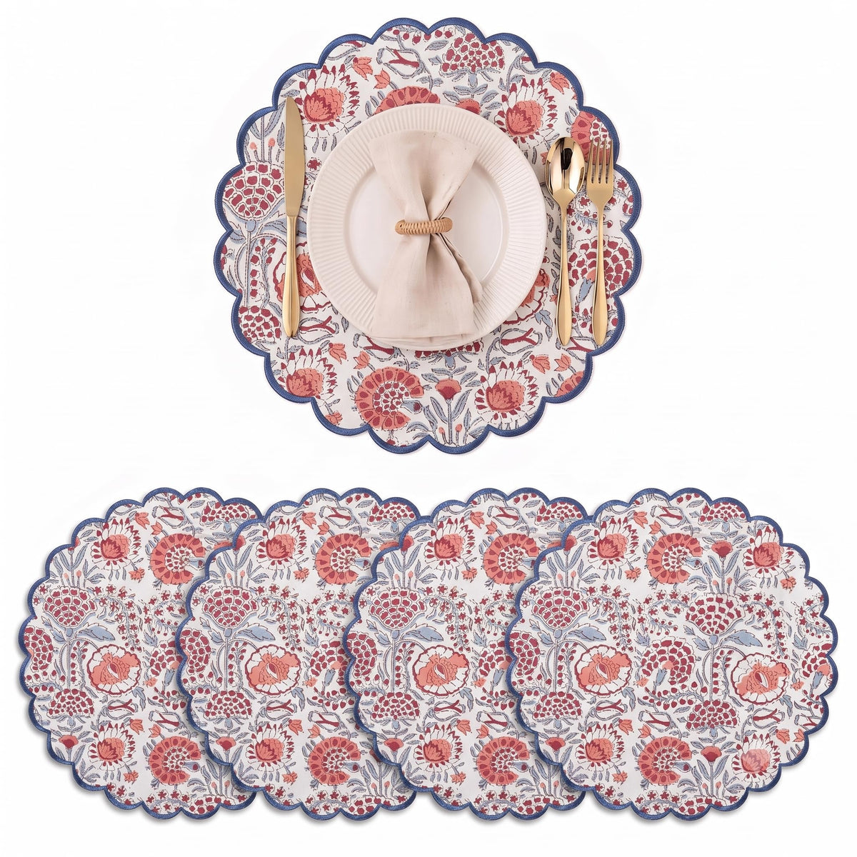 Ridhi Floral Block Print Round Placemats 15" in, Set of 4, Powder Blue