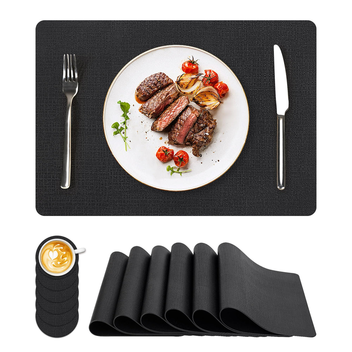NCUE Vinyl Placemats Set of 6, 17"x12" Wipeable Place Mats with Coasters