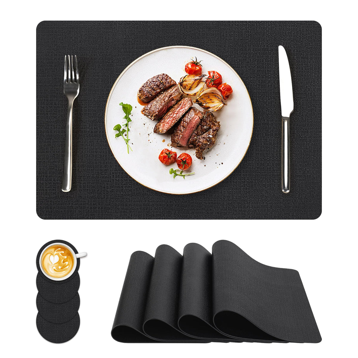 NCUE Vinyl Placemats Set of 6, 17"x12" Wipeable Place Mats with Coasters