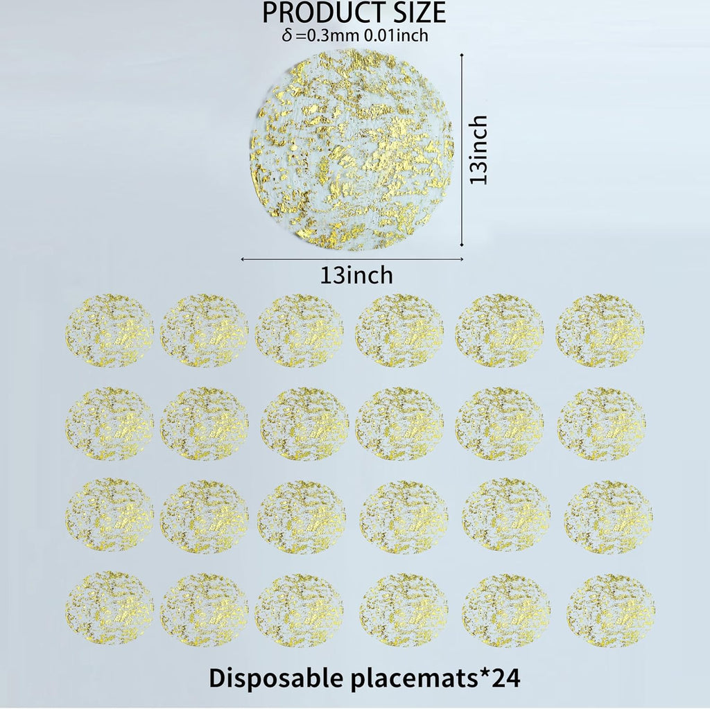 Snowkingdom Gold Placemats Set of 24 Round 13 Inch Foil Mesh Pressed Fall Disposable Table Mates 24 Pack Gold Doilies for Dining Table Wedding Birthday Party Holiday Home Decoration