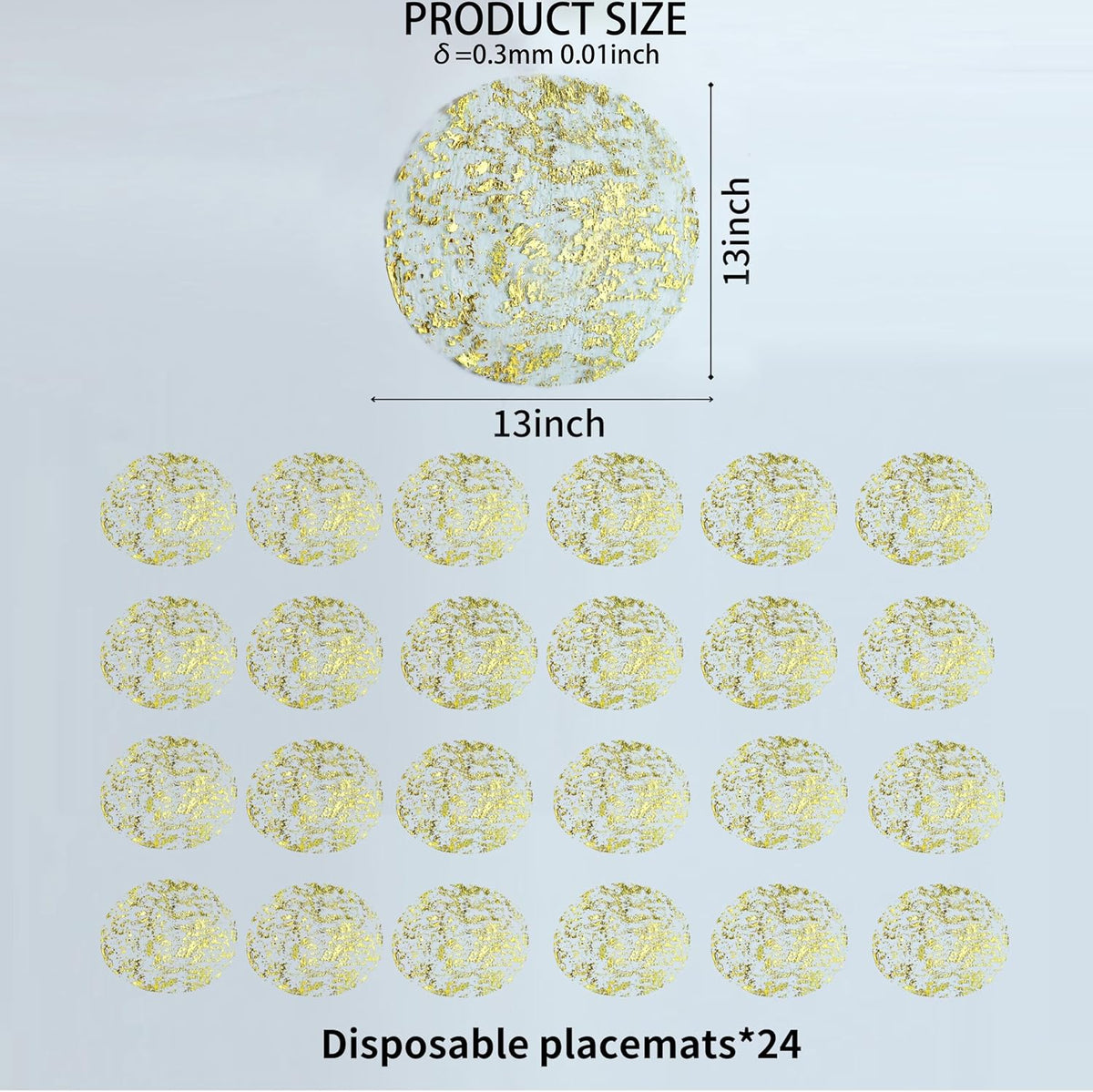Snowkingdom Gold Placemats Set of 24 Round 13 Inch Foil Mesh Pressed Fall Disposable Table Mates 24 Pack Gold Doilies for Dining Table Wedding Birthday Party Holiday Home Decoration