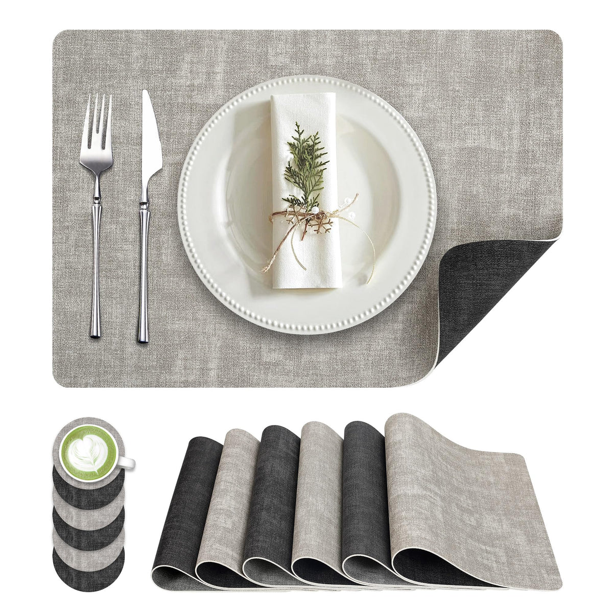 Fyvva Placemats Set of 4, 13" Round Reversible Faux Leather with Coasters