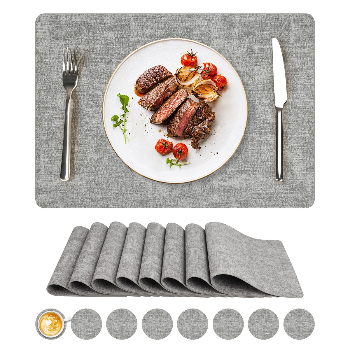 NCUE Vinyl Placemats Set of 6, 17"x12" Wipeable Place Mats with Coasters