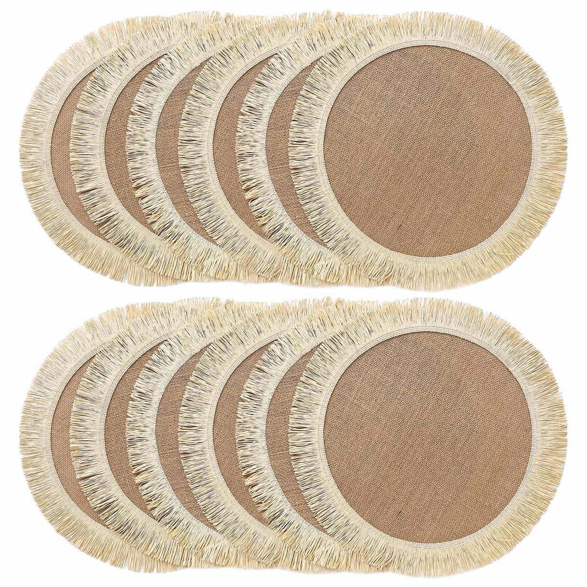 FunWheat Burlap Round Braided Placemats Set of 12 for Dining Tables 15 Inch Heat Resistant Jute Table Mats Farmhouse Woven Fabric Natural Place mats (Brown Jute Lace)