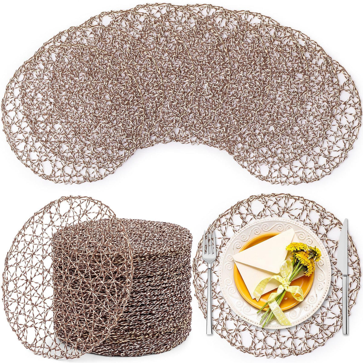 Threehoney Paper Braided Round Placemats, Set of 24, Brown, 13 in