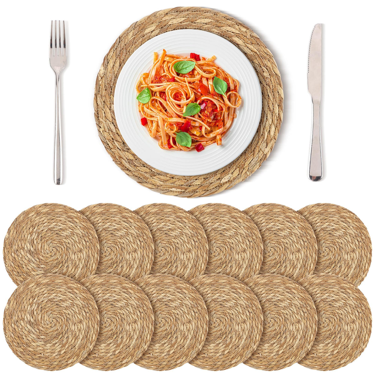 Kochorie Set of 6 Round Woven Placemats - 12 Inch Natural Boho Rattan Wicker Table Mats for Home Dining Table