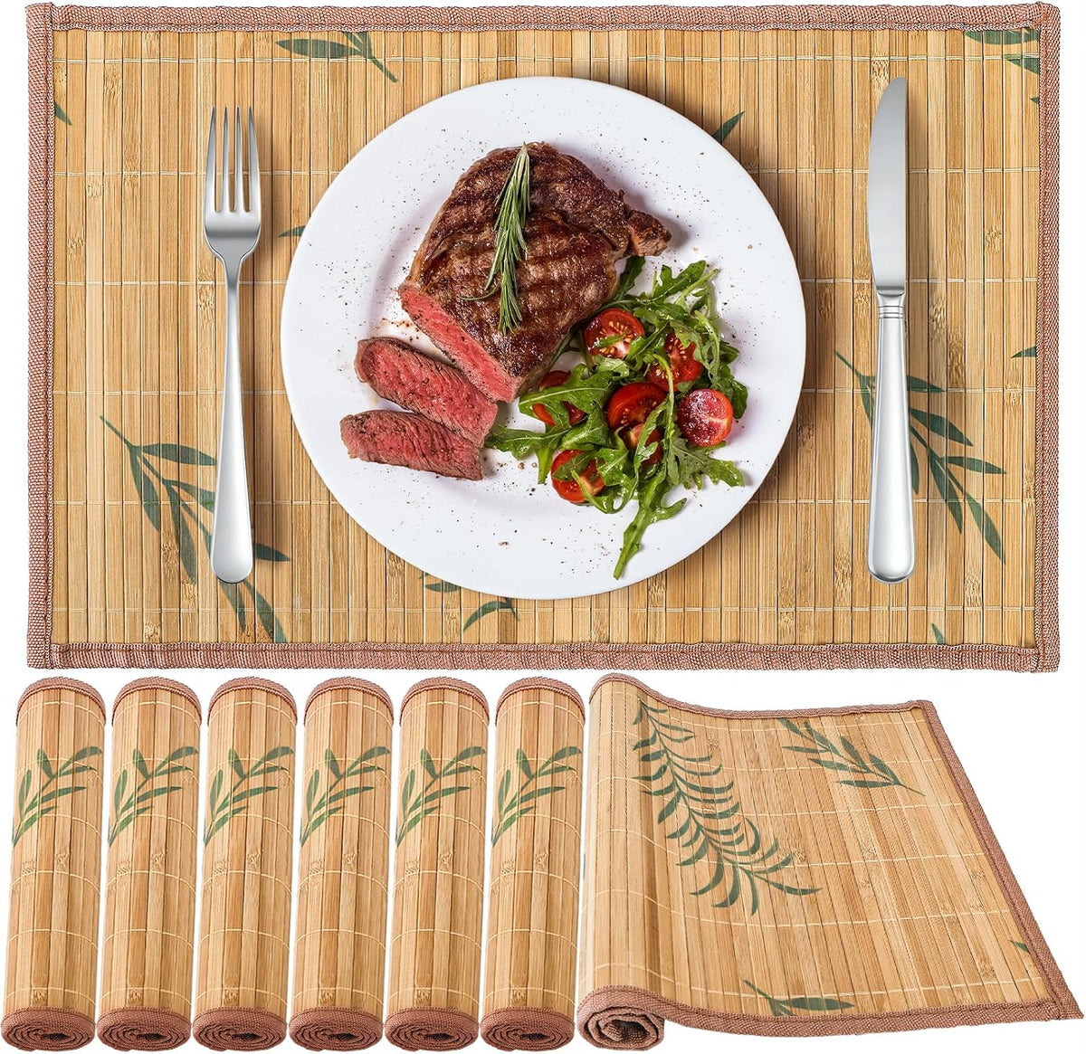 Eorbow 8 Pack Bamboo Placemats, 18 x 12 Inch Anti-Slip Table Mats, Heat Resistant Place Mats, Japanese Style Washable Placemats for Dining Room, Kitchen, Restaurant