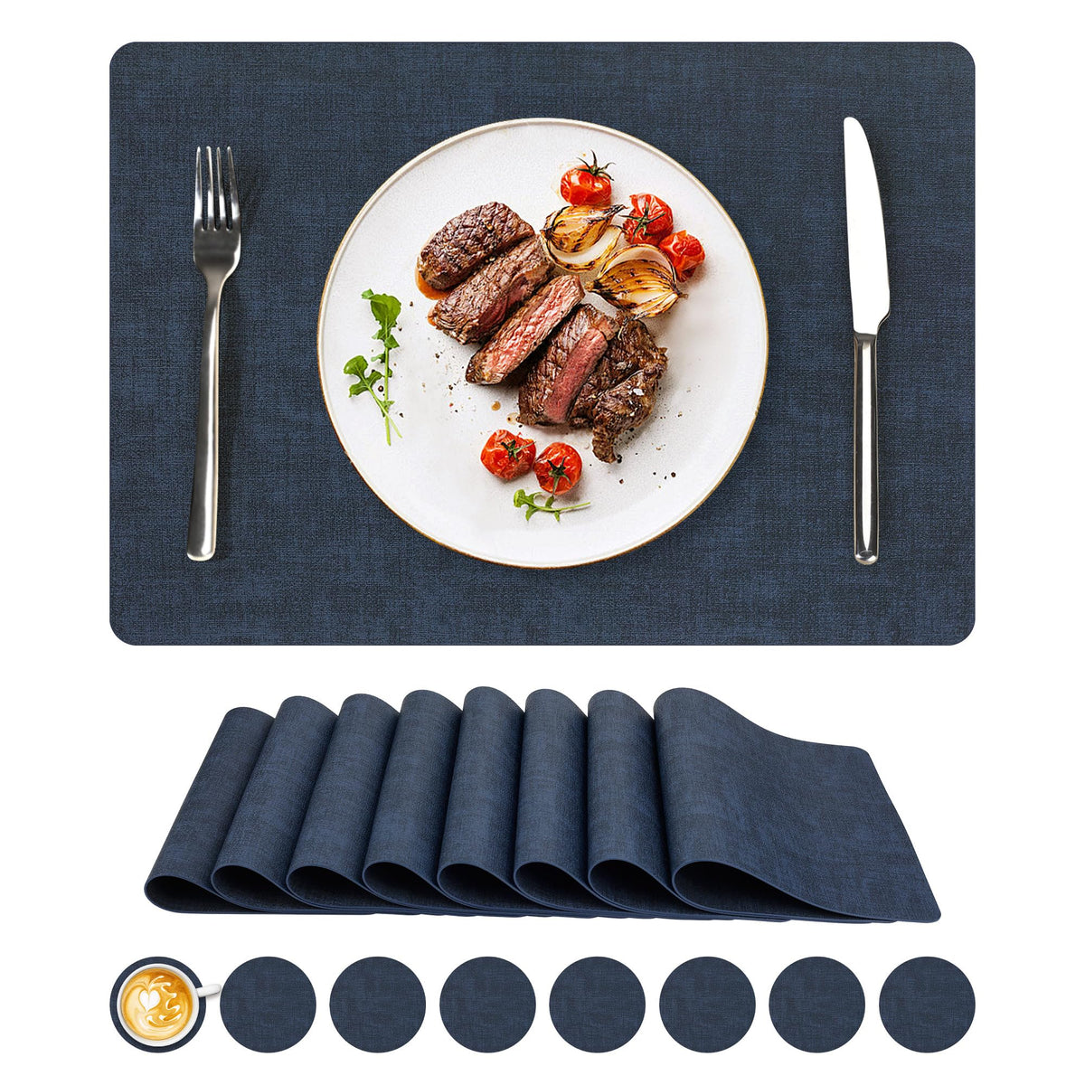NCUE Vinyl Placemats Set of 6, 17"x12" Wipeable Place Mats with Coasters