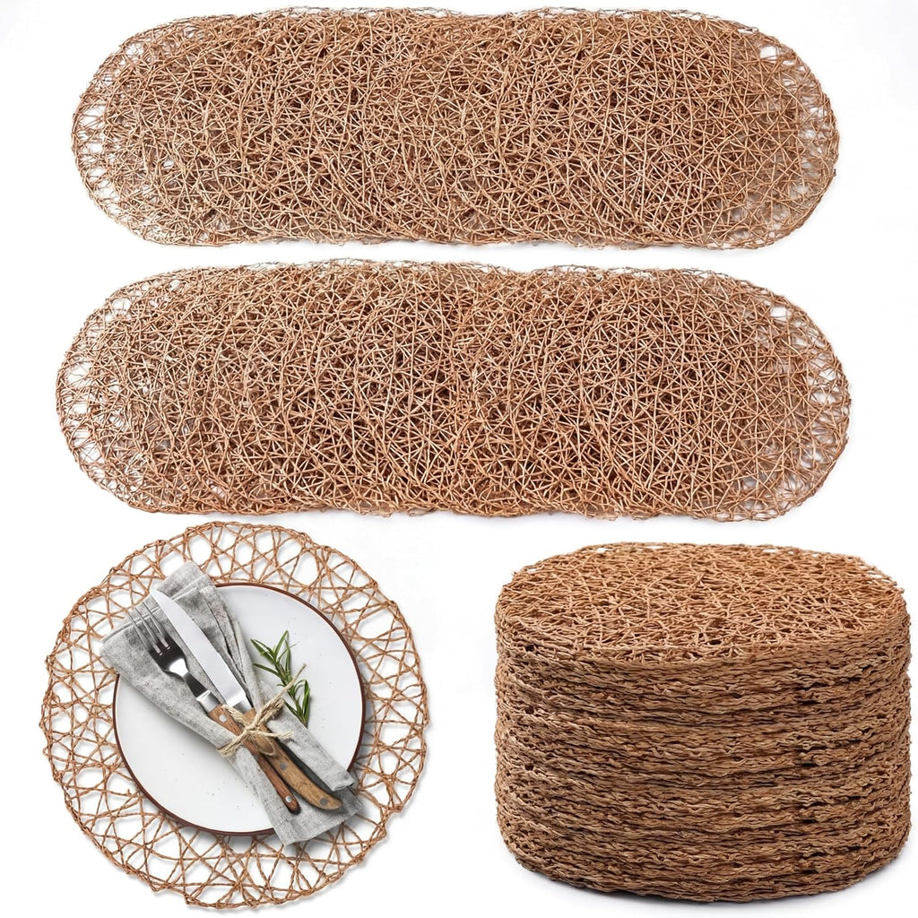 Threehoney Paper Braided Round Placemats, Set of 24, Brown, 13 in