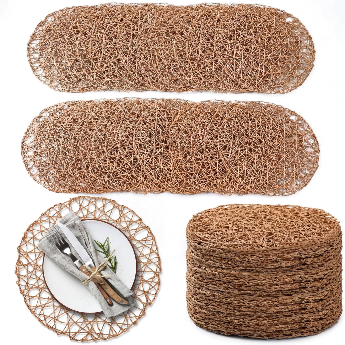Threehoney Paper Braided Round Placemats, Set of 24, Brown, 13 in