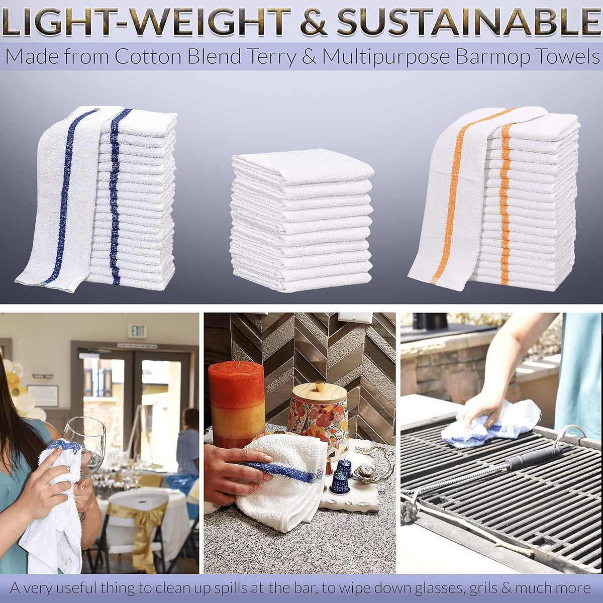 12 PC New Cotton Blend White Restaurant Bar Mops Kitchen Towels (1 Dozen) (12, Gold Stripe)