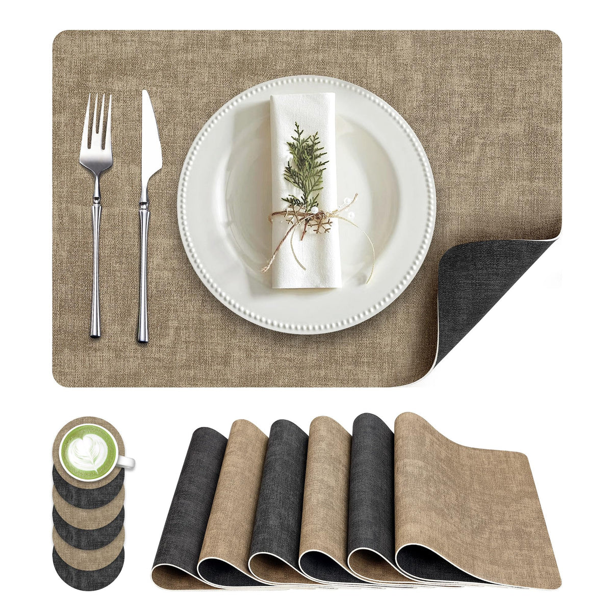 Fyvva Placemats Set of 4, 13" Round Reversible Faux Leather with Coasters