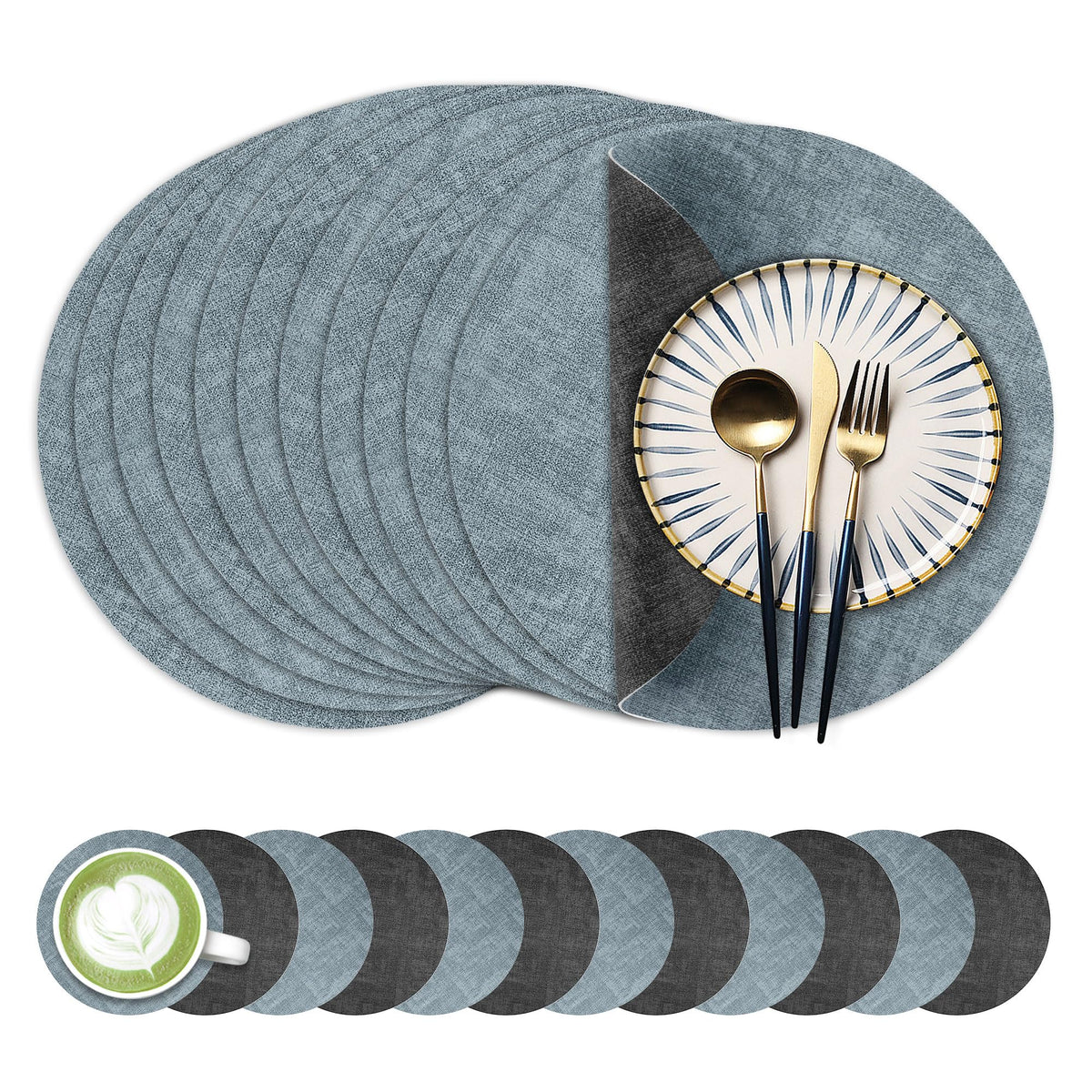 Fyvva Placemats Set of 4, 13" Round Reversible Faux Leather with Coasters