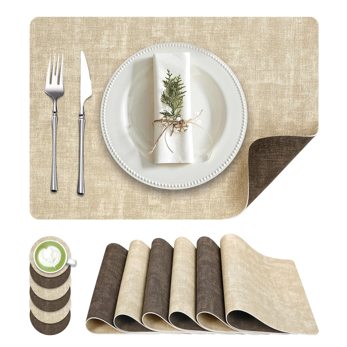 Fyvva Placemats Set of 4, 13" Round Reversible Faux Leather with Coasters
