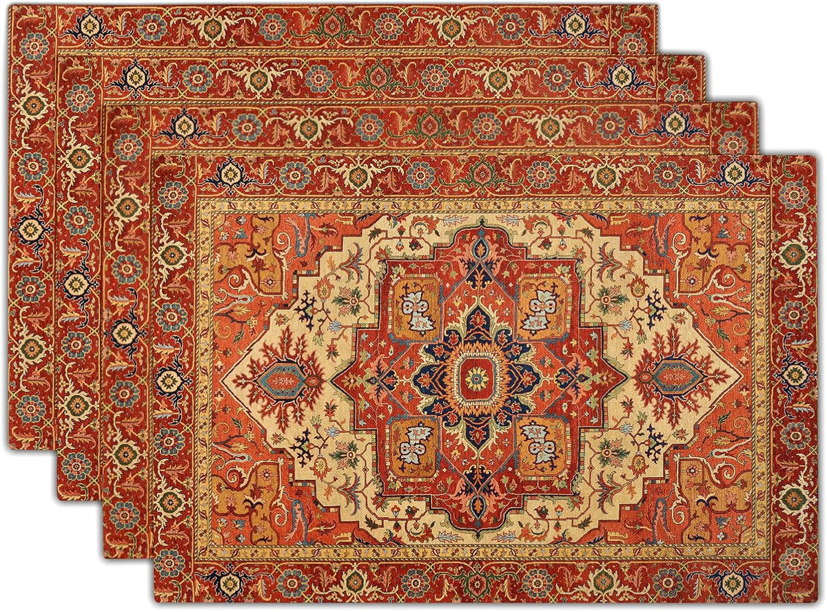 Giwawa Boho Ethnic Placemats Set of 4 Vintage Orange Brown Retro Flower Decorative Linen Table Place Mats 12"x18" Rustic Country Style Floral Place Mats Heat Resistance for Kitchen Dining Farmhouse