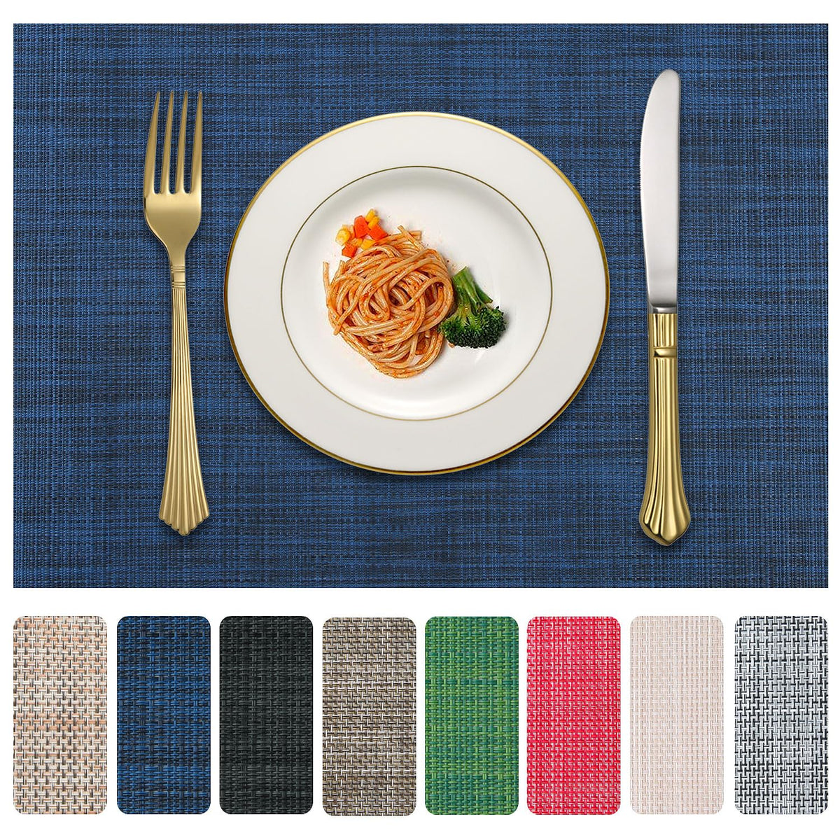 Vinyl Placemats Set of 4, PVC Woven Washable Non-Slip Table Mats, Heat Resistant Wrinkle Free Place Mats for Dining Table, Easy to Clean (4, Navy Blue)