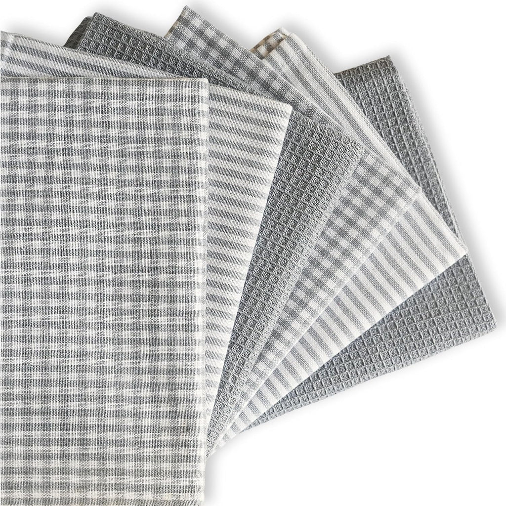 Cotton Dish Towels For Kitchen Drying - Highly Absorbent Light Gray Striped Gingham Plaid Tea Towels - 18"X28" Set Of 6 Farmhouse Linen Dishtowels In Bulk - Pano De Prato Para Cozinha - T Towles Towls