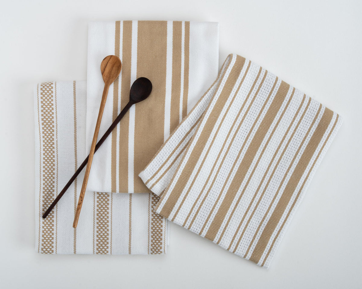 Kitchen Towels Set – Pack of 6 (20’’ x 30’’) Extra Large Premium Cotton Dish Towels for Kitchen – Chain Stripe Towels – Absorbent – 100% Cotton – with Hanging Loop – Beige