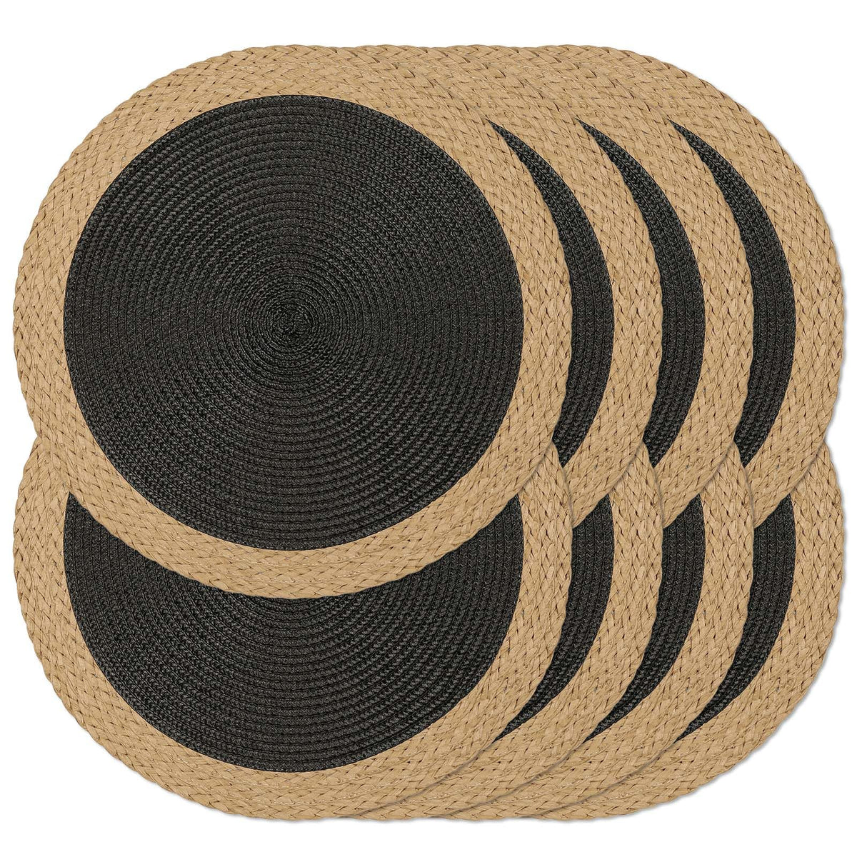 Round Placemats Set of 4, Woven Table Mats, Thin Edge, Black