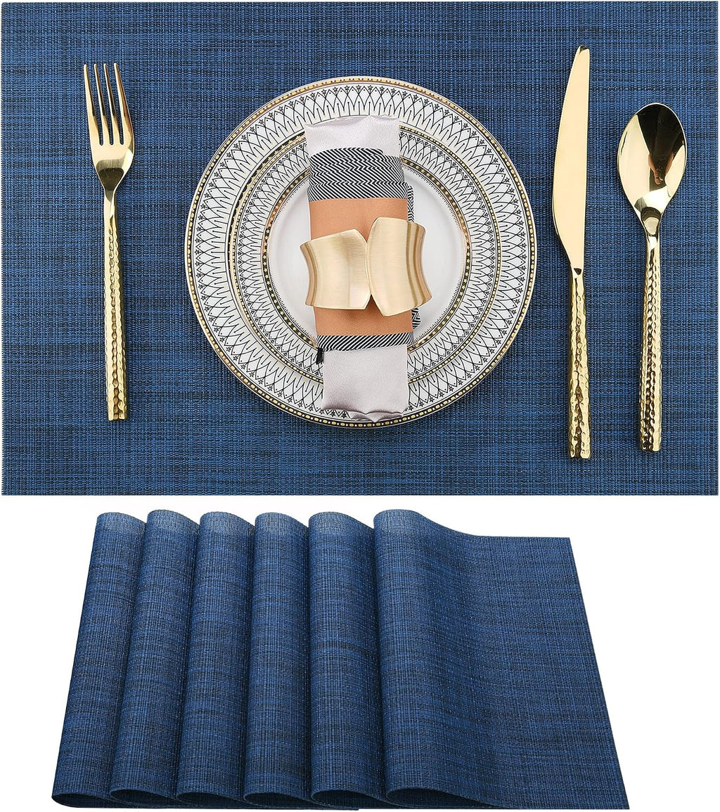 SLKQG Navy Blue Placemats Set of 6 - Easy Clean Washable Vinyl Placemats - Wipeable Heat Resistant Table Mats for Dining Table - 17x12 Inch (Navy Blue, 6)