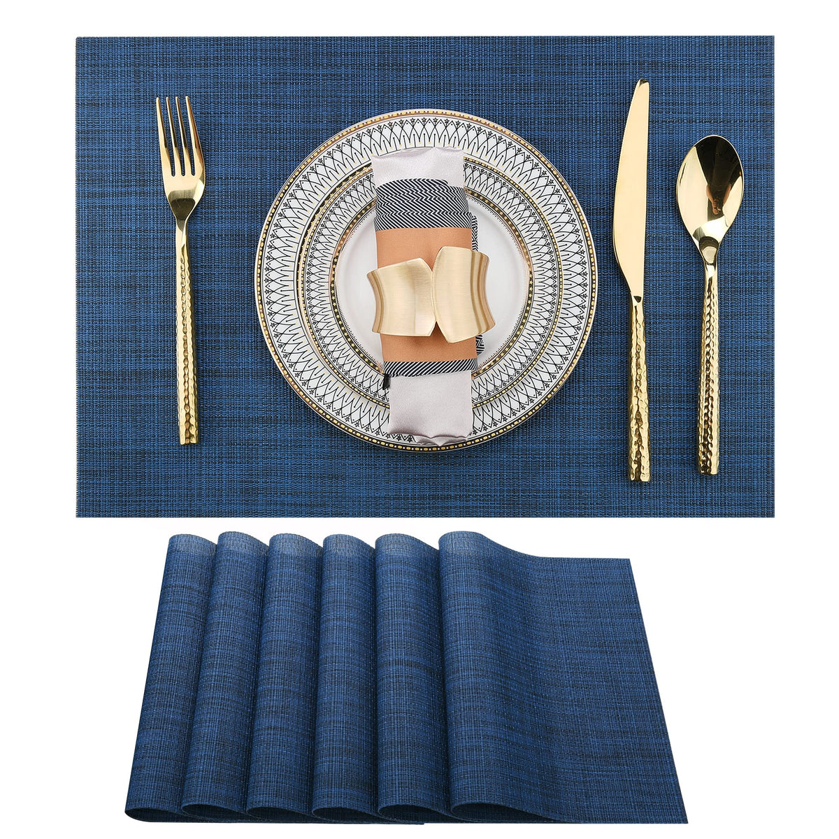 SLKQG Navy Blue Placemats Set of 6 - Easy Clean Washable Vinyl Placemats - Wipeable Heat Resistant Table Mats for Dining Table - 17x12 Inch (Navy Blue, 6)