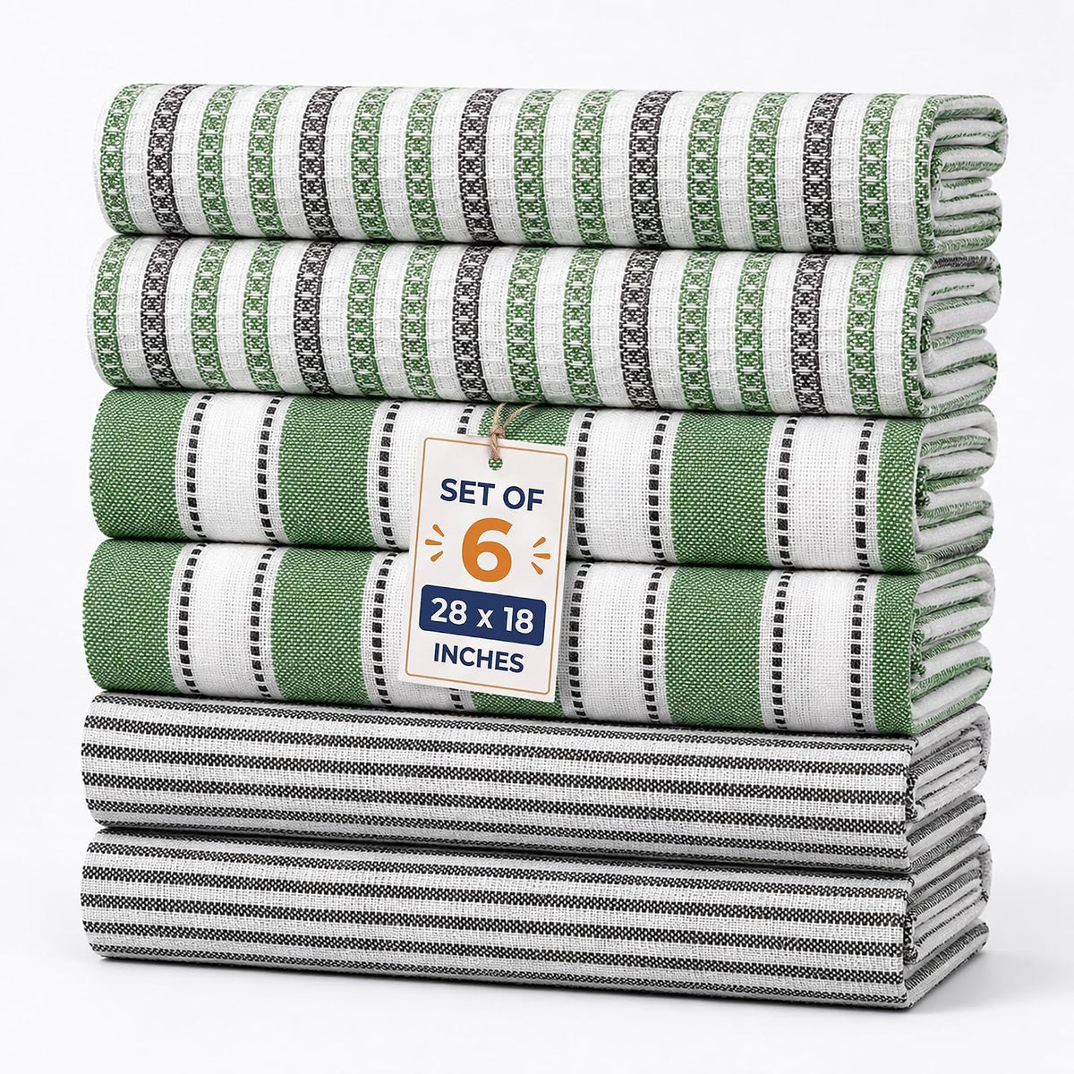 Pack of 6 Cotton Kitchen Towels Set, Dish Towels, Cleaning Rags, Kitchen Dish Cloths for Washing Dishes, Cotton Cleaning Cloths, Ultra Soft, Lightweight & Quick Dry, Flat Weave, 28"x18" (Olive & Gray)