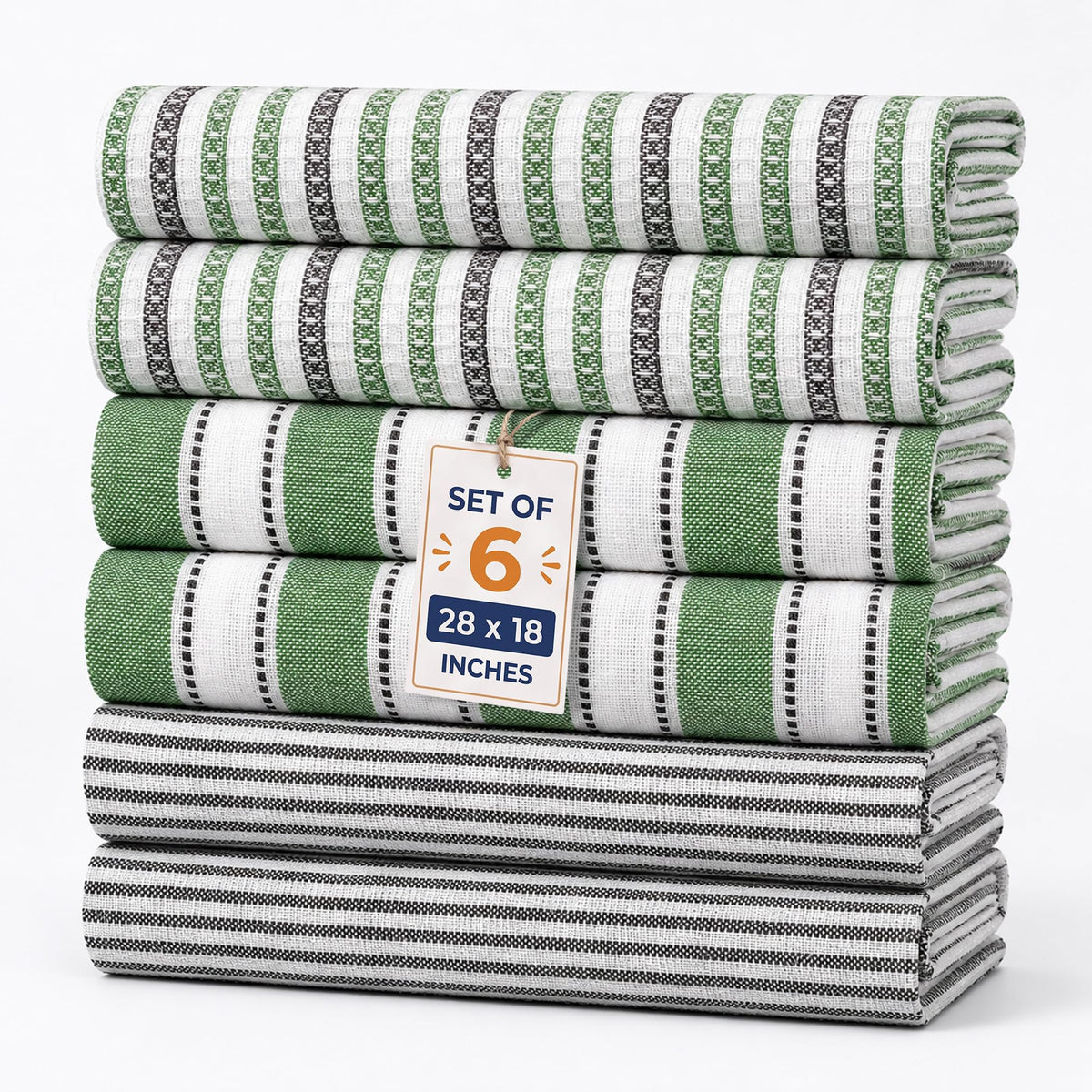 Pack of 6 Cotton Kitchen Towels Set, Dish Towels, Cleaning Rags, Kitchen Dish Cloths for Washing Dishes, Cotton Cleaning Cloths, Ultra Soft, Lightweight & Quick Dry, Flat Weave, 28"x18" (Olive & Gray)